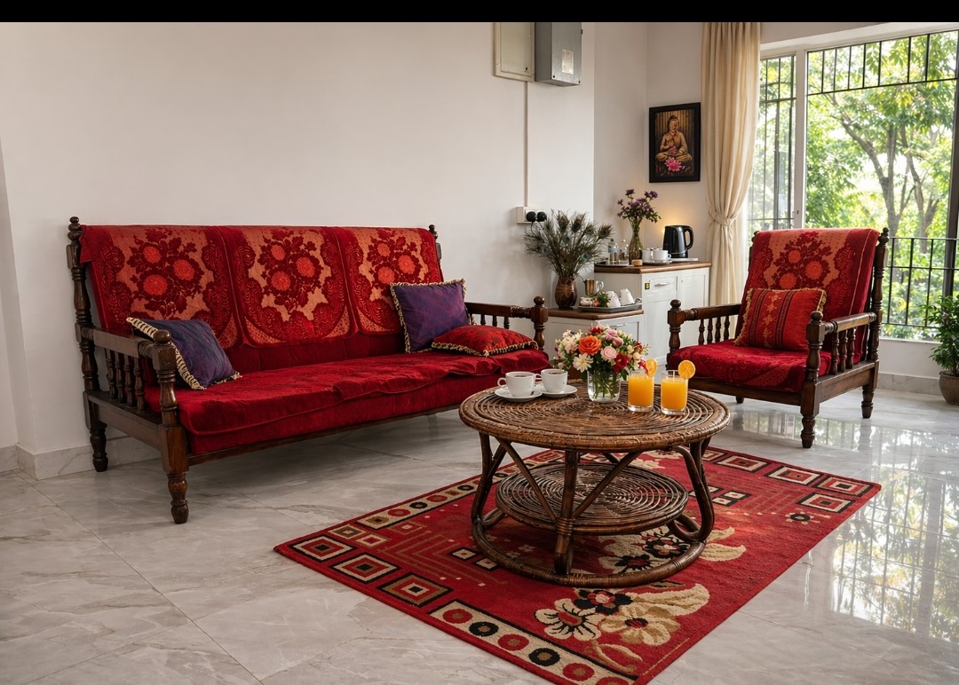 Family lounge with red sofa and welcome tray at Lacasa